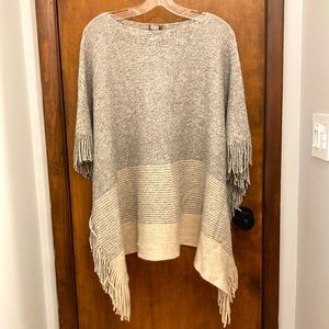 Chico’s Cozy Knit Fringe Poncho, Cream/Beige/Gray, Size L/XL